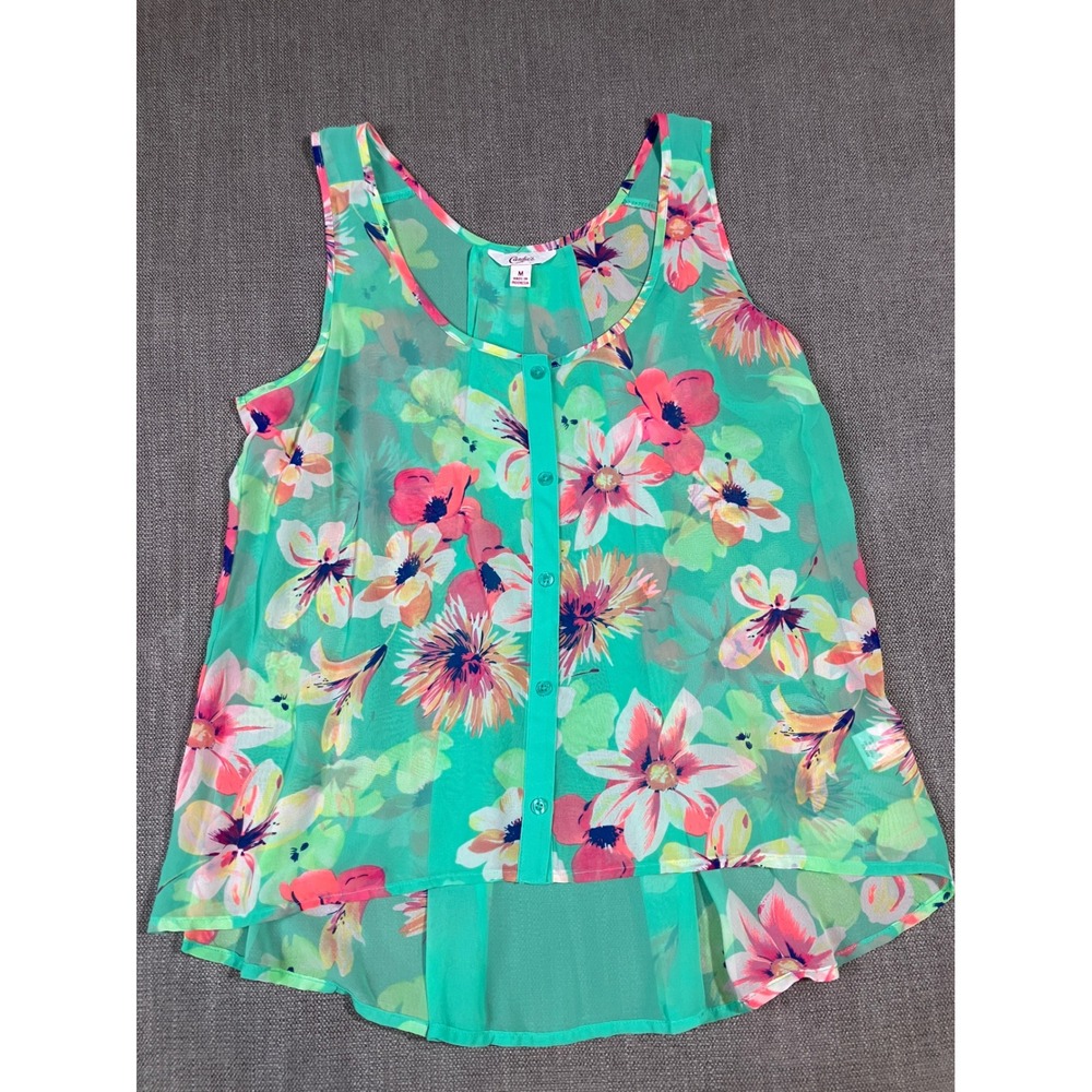 Candies Womens‎ Mint Green Floral Sheer High Low Sleeveless Blouse Size Medium